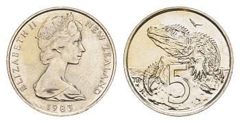 Новая Зеландия 5 центов 1983 Елизавета II (1952-2022), ящерица гаттерия, тираж 25.000 экземпляров KM 34 медно-никель BU 4651-217