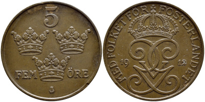 Швеция 5 эре 1912 Густав V (1907-1950) KM 779.2 бронза 4394-833