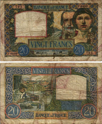 ФРАНЦИЯ 20 ФРАНКОВ 1941 4 ДЕКАБРЯ 1941 Pick 92b бумага 8607-97-1