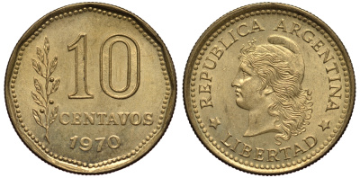 Аргентина 10 сентаво 1970 голова свободы влево KM 66 алюминиевая бронза XF-UNC 4181-217