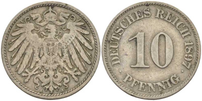 Германия 10 пфеннигов 1897 A KM 12, J. 13 медно-никель 4401-1014
