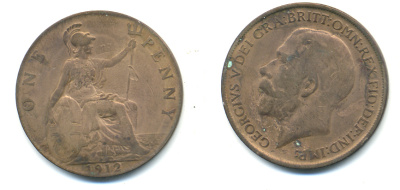 Великобритания 1 пенни 1912 Георг V (1910-1936) KM 810, Spink 4051 бронза 83-536