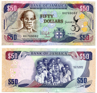 Ямайка 50 долларов 2012 6 августа 2012, подпись 13, 50 лет независимости, юбилейная, с водяным знаком, Самуэль Шарпе Pick 89 бумага UNC (пресс) 2197-23-3-2