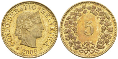 ШВЕЙЦАРИЯ 5 РАППЕНОВ 2008 В KM 26с алюминий латунь 4181-367