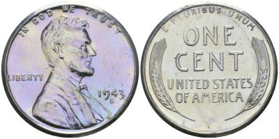 США 1 цент 1943 S (Сан-Франциско), Авраам Линкольн KM 132 a сталь плакированная цинком 96-1159