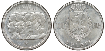 Бельгия 100 франков 1949 Belgie, королевская династия KM 139.1 серебро 4178-1223
