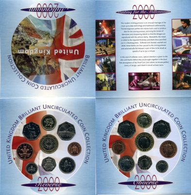 Великобритания официальный набор монетного двора из 9 монет (1, 2, 5, 10, 20 и 50 пенсов; 1 и 2 фунта) 2000 150 лет публичной библиотеке, в оригинальном картонном буклете KM MS127 (986, 987, 988, 989, 990, 991, 994, 1004 и 1005) сталь плакированная медью,