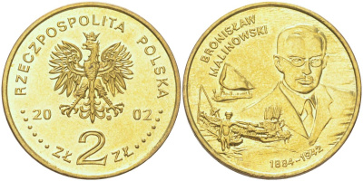 Польша 2 злотых 2002 Польские путешественники - Бронислав Малиновский (1884-1942) Y 431 латунь UNC 4122-722