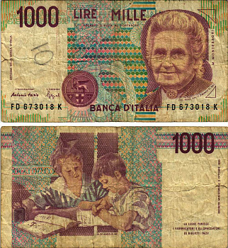 Италия 1000 лир 1990 Мария Монтессори Pick 114b 8611-13-3