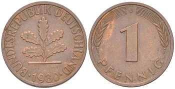 ФРГ 1 ПФЕННИГ 1980 J KM 105, J. 380 сталь плакированная медью 4181-637