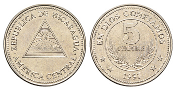 Никарагуа 5 кордоб 1997 KM 90 сталь плакированная никелем aUNC 4666-812