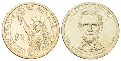 США 1 доллар 2010 Президент США - Авраам Линкольн (1861-1865) KM 478 медь с марганцево-латунным покрытием UNC 4666-957