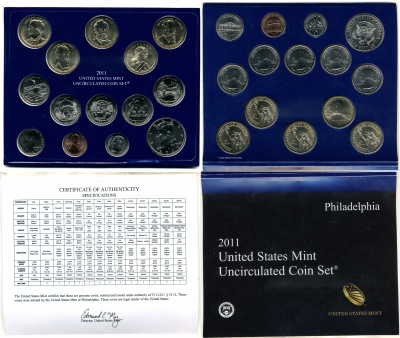 США полный годовой набор из 14 монет (1, 5, 10 (дайм) и 25 (квотер) центов; 1/2 (50 центов) и 1 доллар) 2011 P, в оригинальной упаковке с сертификатами KM 468, 381, 195a, A202b, 494, 495, 496, 497, 498, 499, 500, 501, 502 и 503 UNC 8-2-06-38