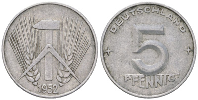 ГДР 5 пфеннигов 1952 A KM 6 алюминий 206-551