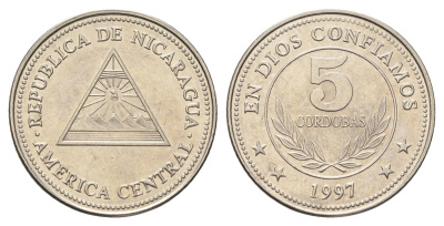 Никарагуа 5 кордоб 1997 KM 90 сталь плакированная никелем aUNC 4666-812