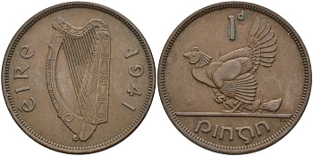 Ирландия 1 пенни 1941 курица с цыплятами KM 11 бронза 4137-712