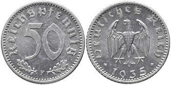 Германия 50 рейхспфеннигов 1935 F J. 368, KM 87 алюминий  UNC  413-1734
