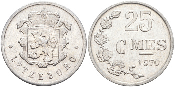 Люксембург 25 сантимов 1970 Герцог Жан (1964-1999) KM 45a.1 алюминий 211-768