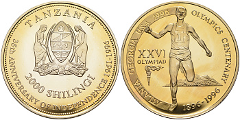 Танзания 2000 шиллингов 1996 XXVI Олимпийские игры 1996 года в Атланте, 100 лет Олимпийскому движению, финиш пробник, гладкий гурт медно-никель PROOF 06-156-42