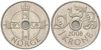 Норвегия 1 крона 2008 Харальд V (1991-) KM 462 медно-никель aUNC 4617-1069