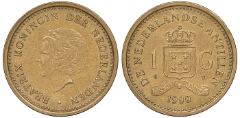 Нидерландские Антилы 1 гульден 1990 Беатрикс (1980-2013) KM 37 позолоченная сталь 25-2011