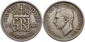 Великобритания 6 пенсов 1948 Георг VI (1936-1952) KM 862, Spink 4105 медно-никель 75-526