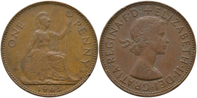Великобритания 1 пенни 1963 Елизавета II (1952-2022) КМ 897, Spink 4157 бронза 115-443