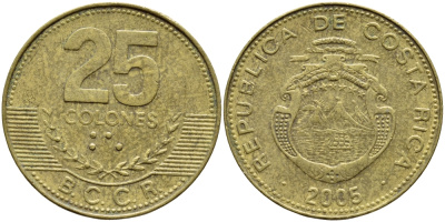 Коста-Рика 25 колонов 2005 B.C.C.R., год тип KM 229а.1 латунь 3459-133