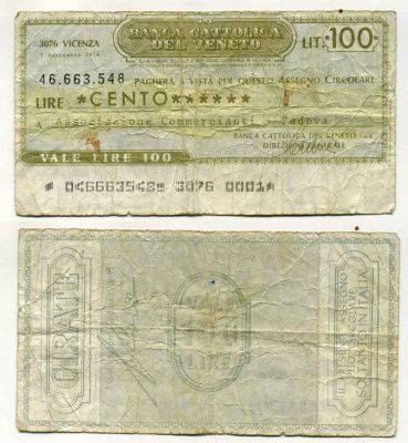 Италия чек на 100 лир 1976 Banca cattolica del veneto, ассоциация торговцев Padova, 7 сентября 1976 бумага 8588-14-1-1
