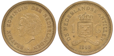 Нидерландские Антилы 1 гульден 1990 Беатрикс (1980-2013) KM 37 позолоченная сталь 25-2011
