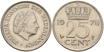 Нидерланды 25 центов 1978 Юлиана (1949-1980) KM 183 никель    4598-527