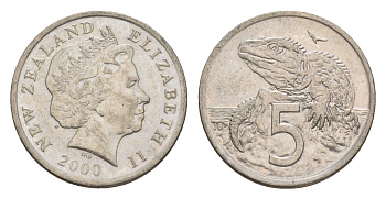 Новая Зеландия 5 центов 2000 Елизавета II (1952-2022), ящерица гаттерия KM 116 медно-никель 4588-438