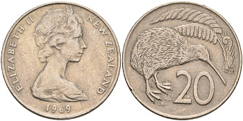 Новая Зеландия 20 центов 1969 Елизавета II (1952-2022), птичка киви KM 36.1 медно-никель 4131-1124