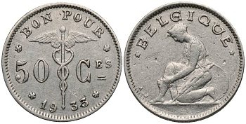 БЕЛЬГИЯ 50 САНТИМОВ 1933 BELGIQUE, АЛЬБЕРТ I (1909-1934) KM 87 никель 27-124