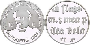 Финляндия 10 евро 2004 200 лет со дня рождения Йохана Людвига Рунеберга, поэт KM 115 серебро  PROOF 1085-9-44