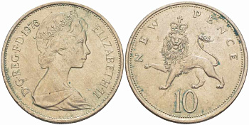 Великобритания 10 пенсов 1976 Елизавета II (1952-2022) KM 912, Spink 4231 (F1) медно-никель  29-941