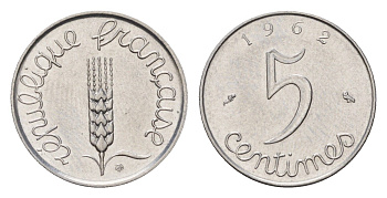 Франция 5 сантимов 1962 пятая республика KM 927, Le Franc 124.4 нержавеющая сталь 4617-424