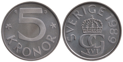 Швеция 5 крон 1989 D, Карл XVI Густав (1973- ) KM 853 медно-никель PROOFLIKE 3897-1112