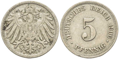 ГЕРМАНИЯ 5 ПФЕННИГОВ 1906 D KM 11, J. 12 медно-никель 105-121