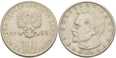 ПОЛЬША 10 ЗЛОТЫХ 1982 MW, БОЛЕСЛАВ ПРУС KM 73 медно-никель 213-824