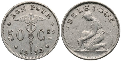 БЕЛЬГИЯ 50 САНТИМОВ 1933 BELGIQUE, АЛЬБЕРТ I (1909-1934) KM 87 никель 27-124