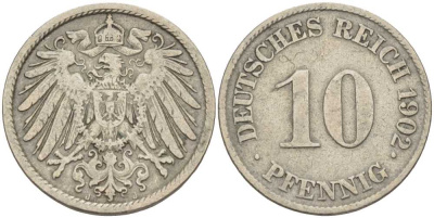 ГЕРМАНИЯ 10 ПФЕННИГОВ 1902 J KM 12, J. 13 медно-никель 4401-1234