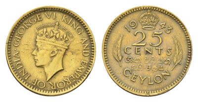 Цейлон 25 центов 1943 Георг VI (1936-1952), год-тип KM 115 никель латунь 4516-766