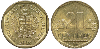 Перу 20 сентимо 2008 KM 306.4 латунь aUNC 4605-442