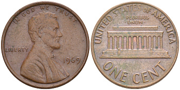 США 1 ЦЕНТ 1969 ЛИНКОЛЬН KM 201 медь цинк 187-631