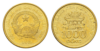 Вьетнам 1000 донгов 2003 год-тип KM 72 сталь плакированная латунью UNC 4674-1149