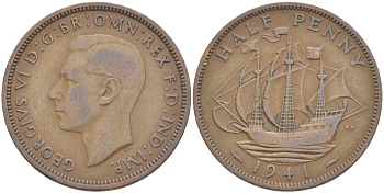 Великобритания 1/2 пенни 1941 Георг VI (1936-1952) KM 844, Spink 4115 бронза 4539-652