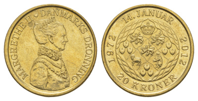 Дания 20 крон 2012 40 лет со дня коронации Королевы Маргреты II KM 945 алюминиевая бронза UNC 4650-1242