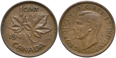 Канада 1 цент 1941 Георг VI (1937-1952), кленовый лист KM 32 бронза 71-1533