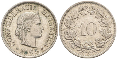 Швейцария 10 раппенов 1965 В KM 27 медно-никель 55-345